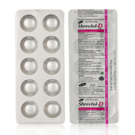 Shrey's Shreyfol-D Pregnancy Support, Dietary Folate, Vitamin B12 with DHA & Vitamin D3  (30 Tablets)