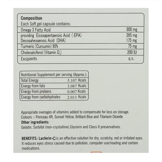 Shrey's Lacferin-C with Curcumin, Vitamin D3 & Omega-3 Fatty Acids for Dry Eye Relief – 30 Capsules