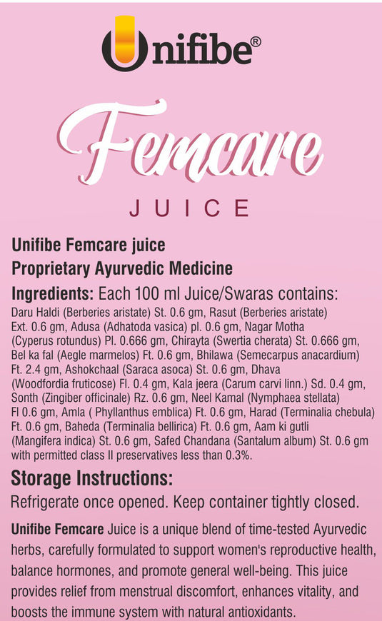 Unifibe Femcare Women’s Herbal Supplement – Supports Hormonal Balance, PCOS, PCOD, Period Pain Relief, Hair & Skin Health – 1000ml Juice (100% Natural & No-Added Sugar)