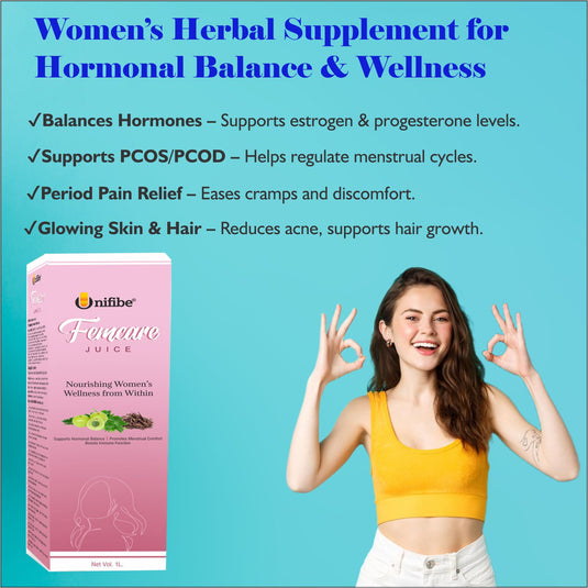 Unifibe Femcare Women’s Herbal Supplement – Supports Hormonal Balance, PCOS, PCOD, Period Pain Relief, Hair & Skin Health – 1000ml Juice (100% Natural & No-Added Sugar)